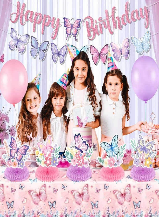 Wayyogh Butterfly Party Decorations Pink Purple Butterfly Happy Birthday Bunting Banner Floral Butterfles Tablecloth and 5Pcs Table Honeycomb Centerpieces Decor for Girls Summer Princess Birthday Supplies - Image 4